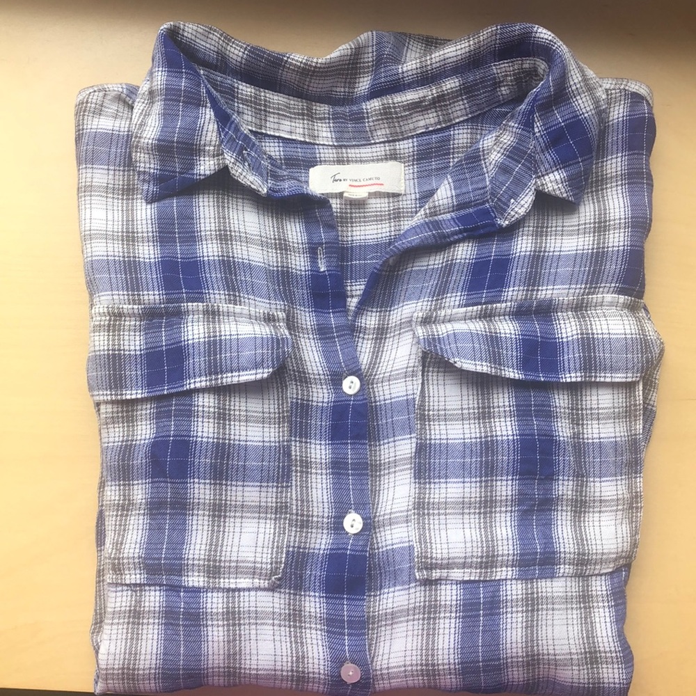TWO by VINCE CAMUTO Blue & White Plaid Blouse